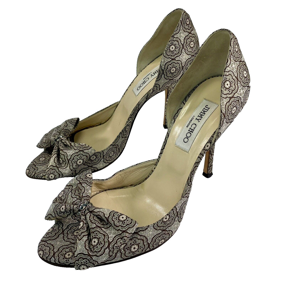Jimmy Choo - Jacquard Pumps with Bow, Open Toe, Size EUR 41, 4" High Heels NICE
